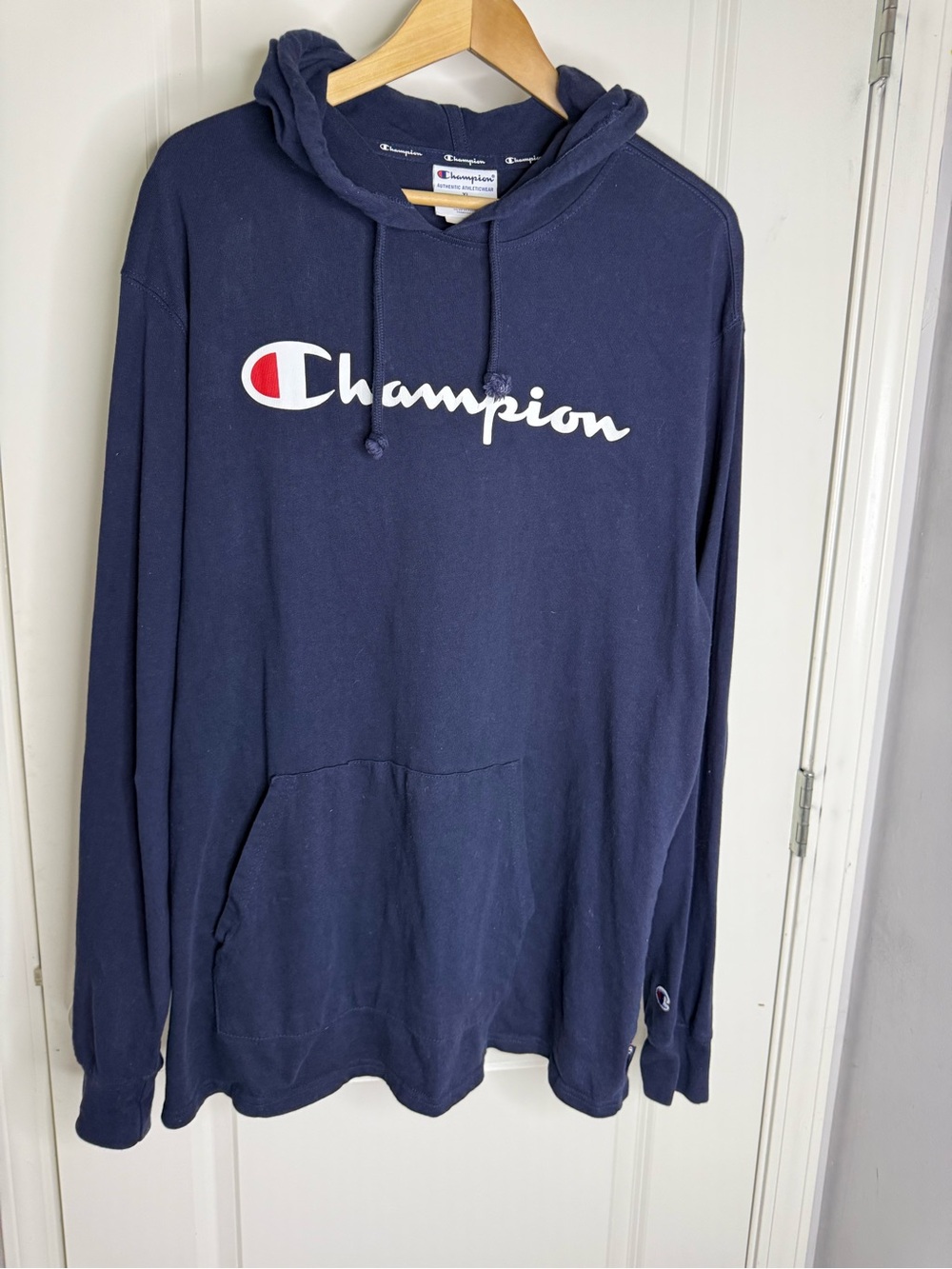 Champion Navy Hoodie with Script Logo
